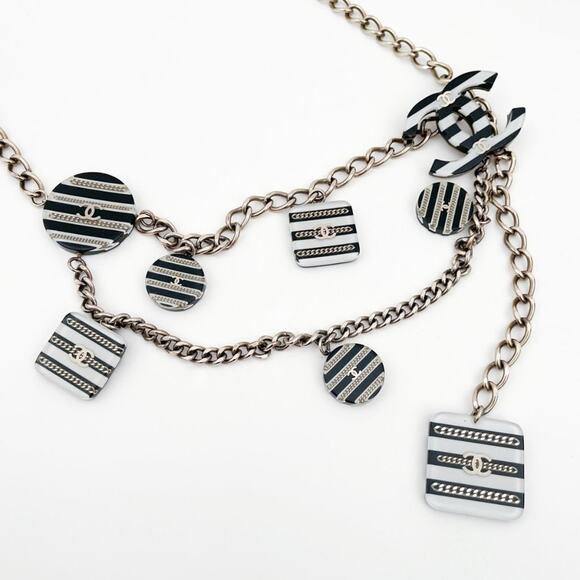 CHANEL 2005 CC Chain Belt Necklace Black and White Stripe Resin Charms Logo - Picture 5 of 16